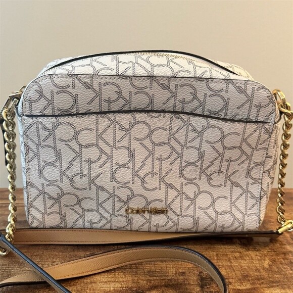 Calvin Klein Handbags - Calvin Klein Hailey Signature Logo Crossbody Bag Womens Small Ivory/Taupe